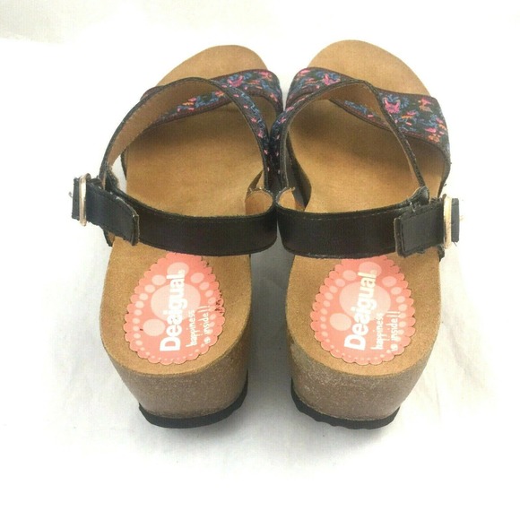 Desigual Bio Sandal Black Flower Wedge Platform Open Toe Embroidered - Picture 4 of 6